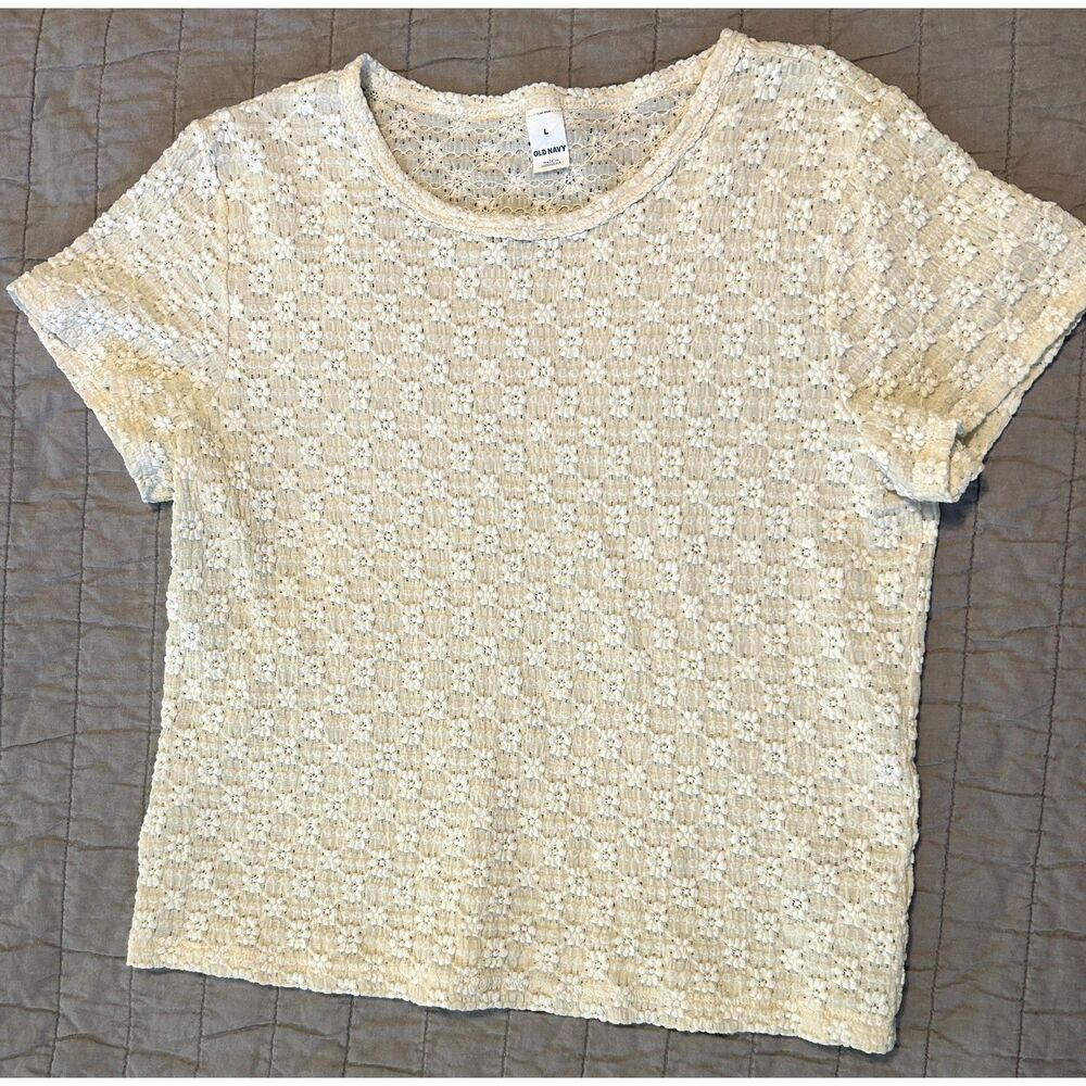 Old Navy Women's Fitted Short-Sleeve Lace Top Cream Floral Pattern Size Large